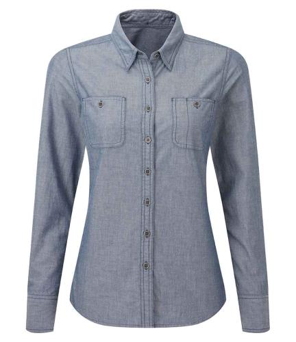 Premier Ladies Organic Fairtrade Long Sleeve Chambray Shirt - IDM - 3XL